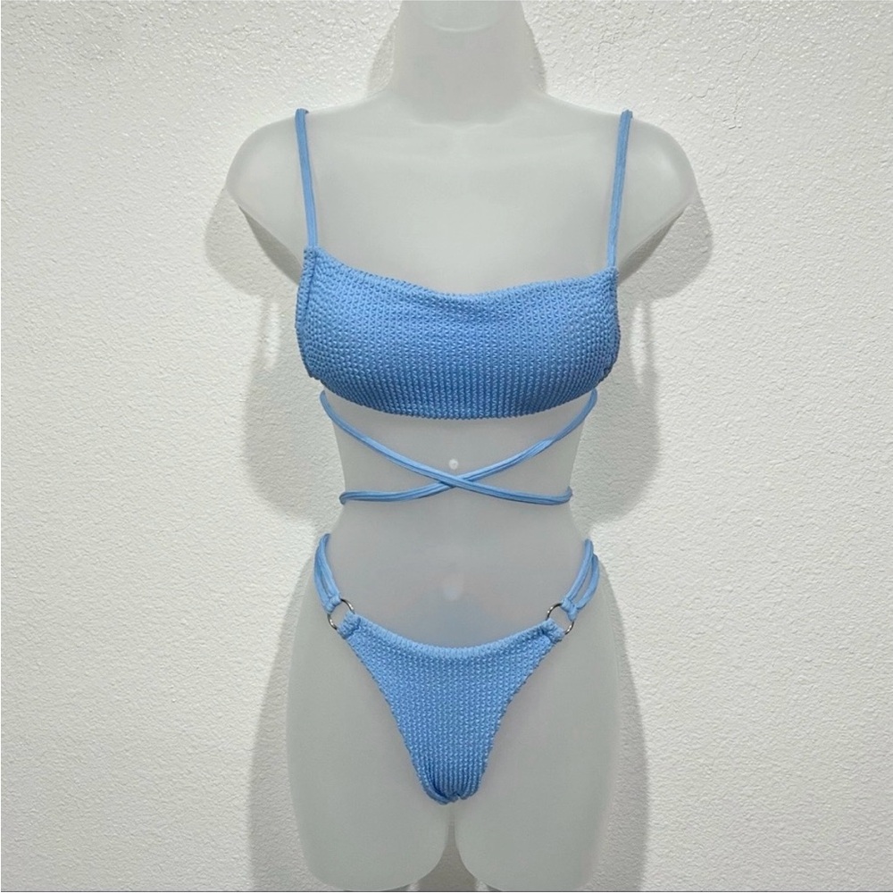 shein blue wrap tie bikini  thong swimsuit set